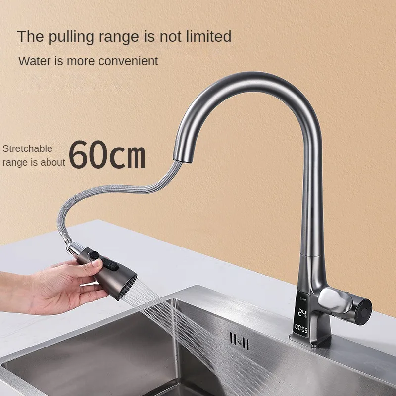 Stretchable Cold and Hot Dual Control Kitchen Sink Faucet Three Flowing Water Modes Rotating With Digital Display Sensing Faucet