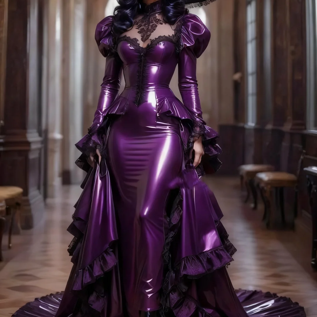 Paarse ruches sleep met lange mouwen en vloerlengte zwart kant geborduurd vintage middeleeuwse stijl speciale galajurk op maat