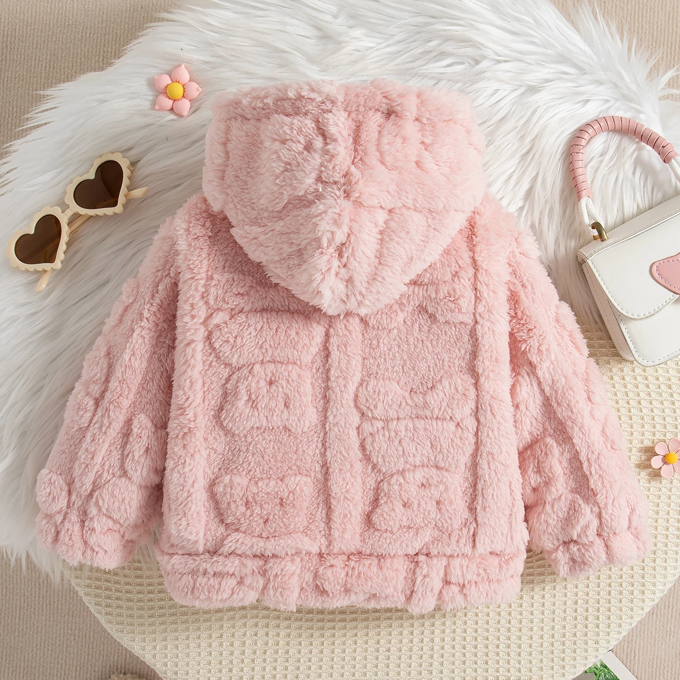 Cute Bear Shaped Pink Plush Jacket for Baby Girl Winter Warm Baby Girl Coat for 0-2 Years Old