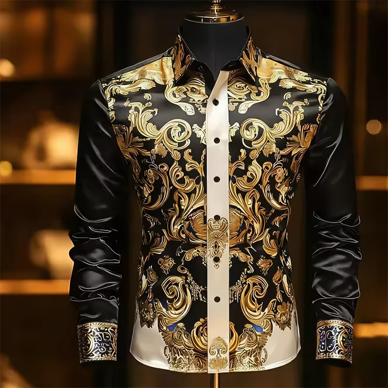 

Men's long sleeved printed luxury shirt | Royal blue black polyester fiber surface shirt | Slim fit formal shirt | Party/wedding