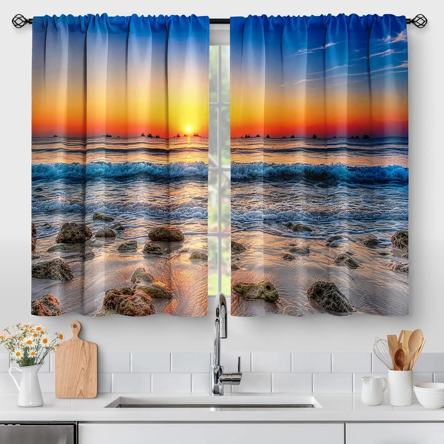 Luxurious Sunset Beach Ocean Print Curtains Drapes Tropical Coastal Sunrise Window Panels Waterproof Bathroom Decor Home