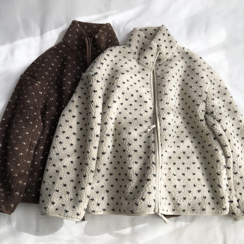 

Polka Dot Faux Lamb Wool Coat For Women Autumn Winter Stand Up Collar Printed Thick Jacket American Fashion Retro Fleece Jackets