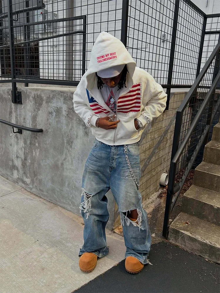 European and American trend Harajuku retro pattern printed sportswear Y2k Harajuku hooded sportswear men's loose top Y2K emo