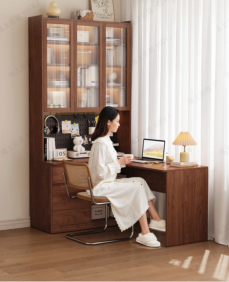 LH solid wood study table L-shaped corner desk combination household bookshelf floor storage