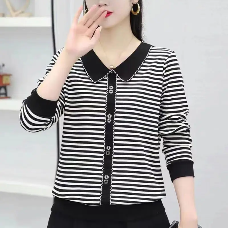 Peter pan Collar Autumn New Striped Long sleeve T-Shirts Oversized women clothing Buttons Casual top tee office Lady pullover