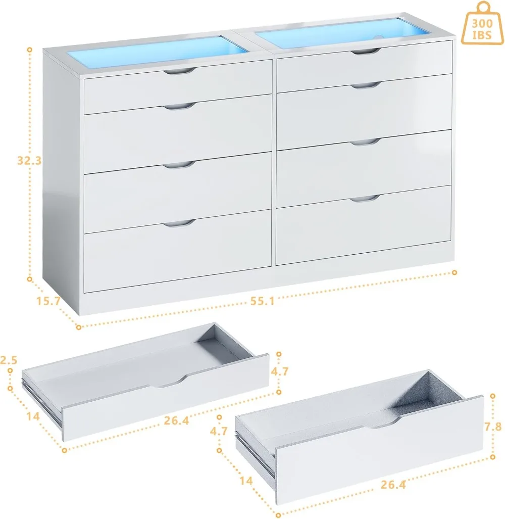 8 Drawer Dresser for Bedroom, White Dresser for Bedroom with LED, 55.1''W Chest of Drawers with Glass Top