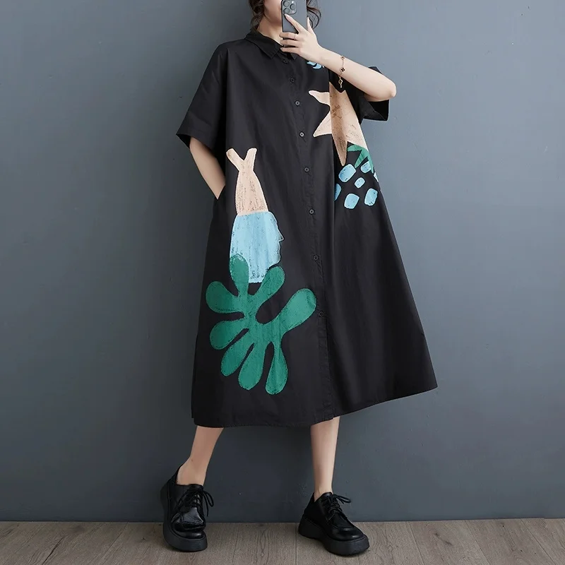 2025 Nowy duży rozmiar Wiosna Lato Koreański luźny nadruk Bluzka Kobiety Dorywczo Krótki rękaw Długi kardigan Koszule Sukienka Kobieca bluzka