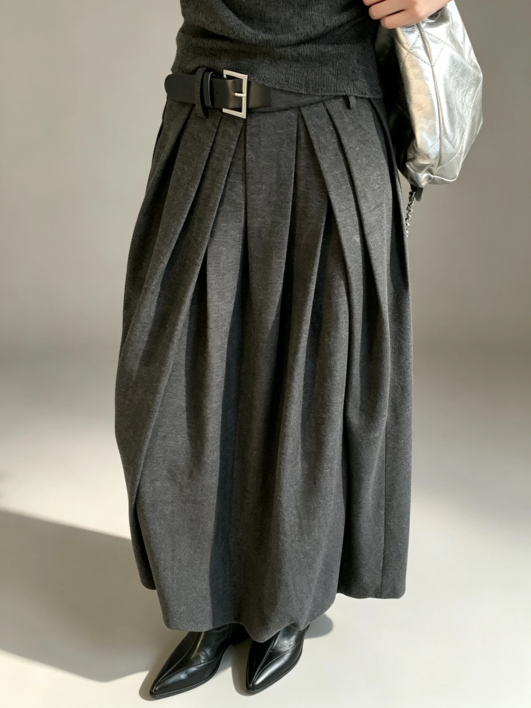 Korean Style High Waist A-Line Pleated Skirt Women's Autumn New Slimming Half-length Skirt Atmosphere Sense Splicing Skirt
