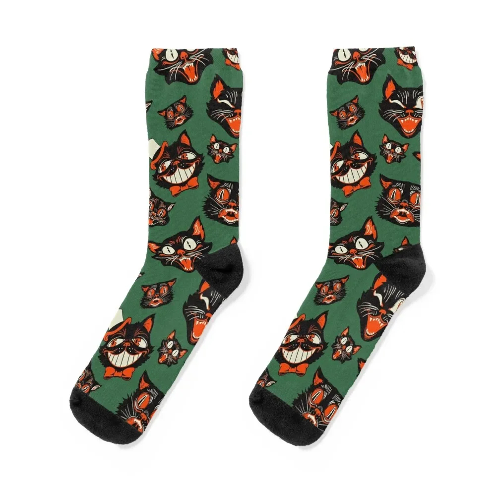 

Retro Vintage Halloween Black Cat Faces Pattern - GREEN Background Socks set Rugby sport hiking Men's Socks Women's