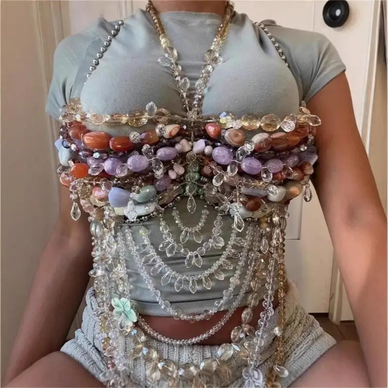 R7UF Handmade Gemstones Body Chain Layer Bralette Top For Women Beach Party Wear