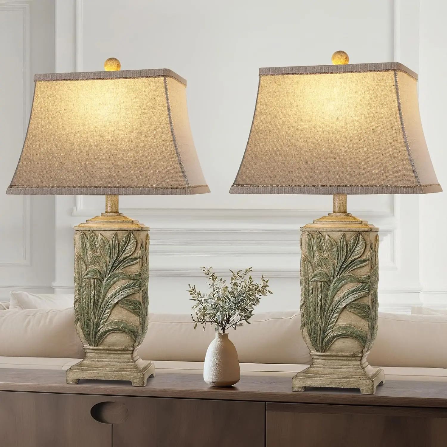 

25" Vintage Table Lamps Set of 2, Rustic Retro Farmhouse Resin with Rotary Switch and Carved Leaf Design, Includes 2 Bulbs