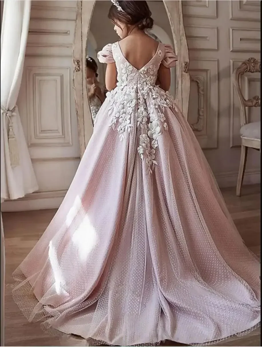 3D Floral Lace Flower Girl Dress Wedding Dress First Christmas Party Gown with Puff Sleeves Ball Gown Kids Formal Occasion Dress