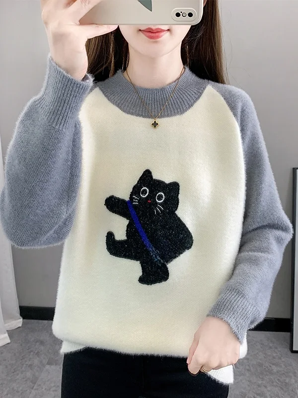 Suéter de Cuello Redondo ueso con Bloques de Color para Niñas, Invierno, Cálido, Tejido, Capa Base, Estilo Dulce, Hoado, ...