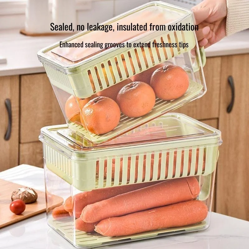 Refrigerator storage box food grade with handle fresh-keeping box vegetable fruit large capacity with lid drain storage box