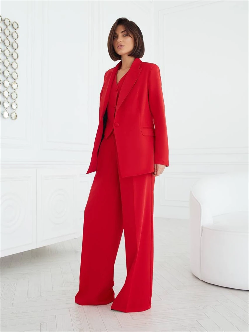 Red Solid Suit Set For Women Blazer Wedding Guest Pantsuit Bridal Suit Set Blazer Vest Pants Office Formal Outfit Customized