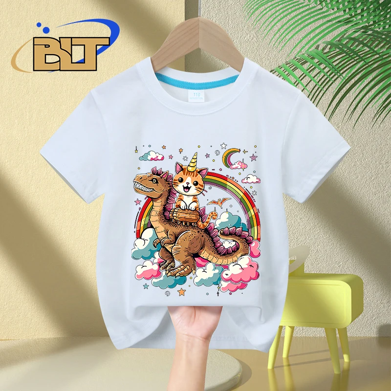 Dinosaur unicorn cat print kids T-shirt summer children's pure cotton short-sleeved casual tops boys and girls gifts