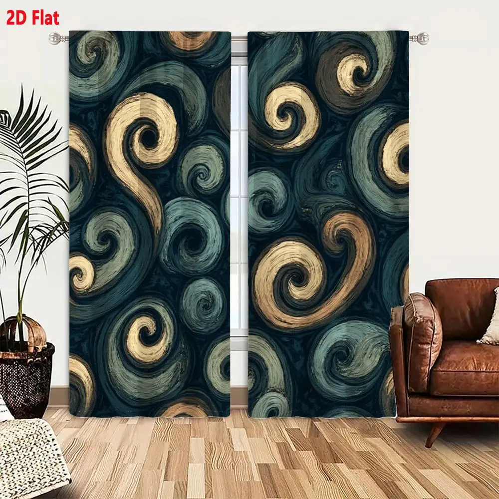 2Pcs Curtains 2D Flat Abstract Swirling Spirals Pattern In Blue Beige Brown Shades On Dark Teal Navy Background Dynamic Flowing
