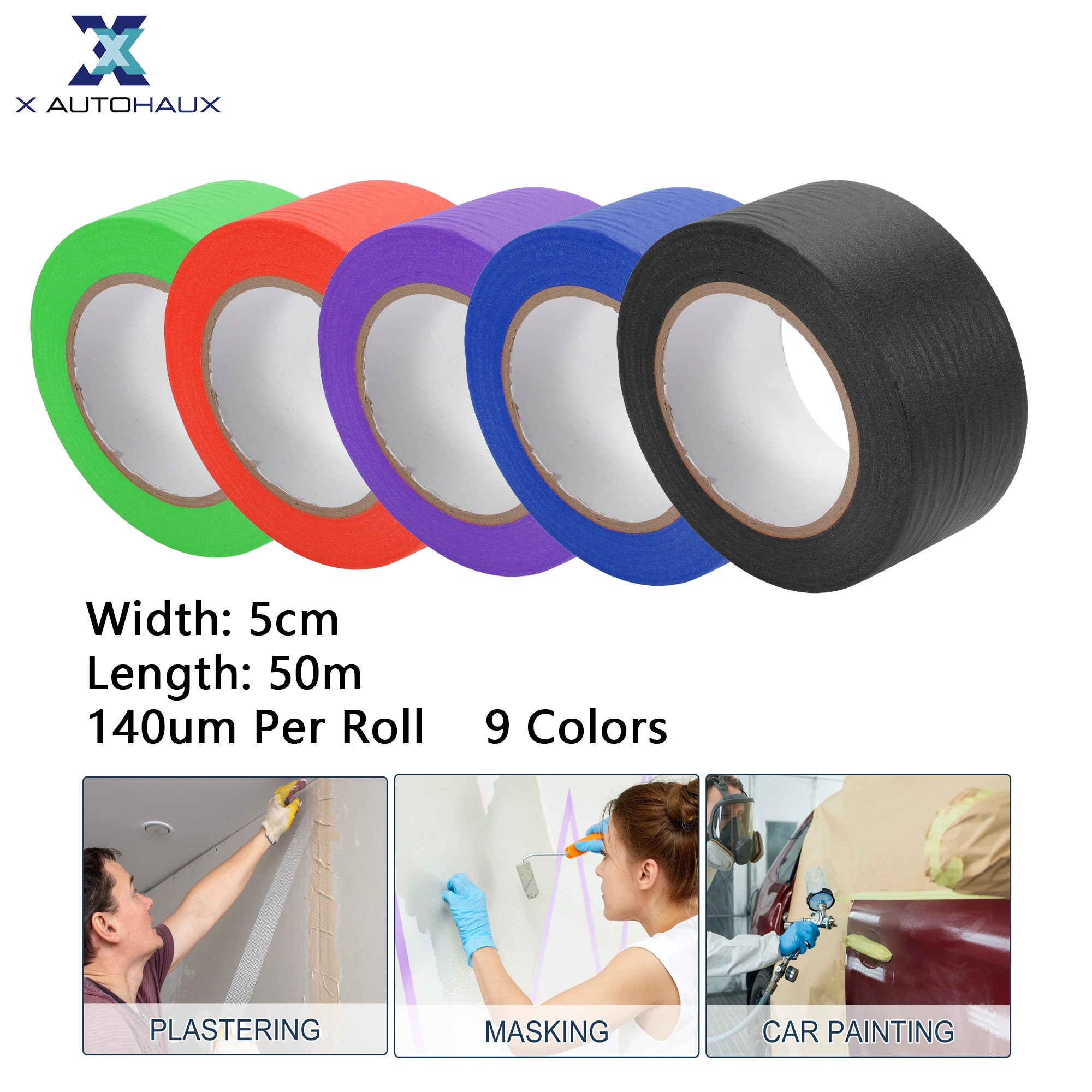 

X Autohaux 1PC 5cm x 50cm Masking Tape Single Side Tape Adhesive Crepe Paper for DIY Car Surfaces Painting No Residue 140um