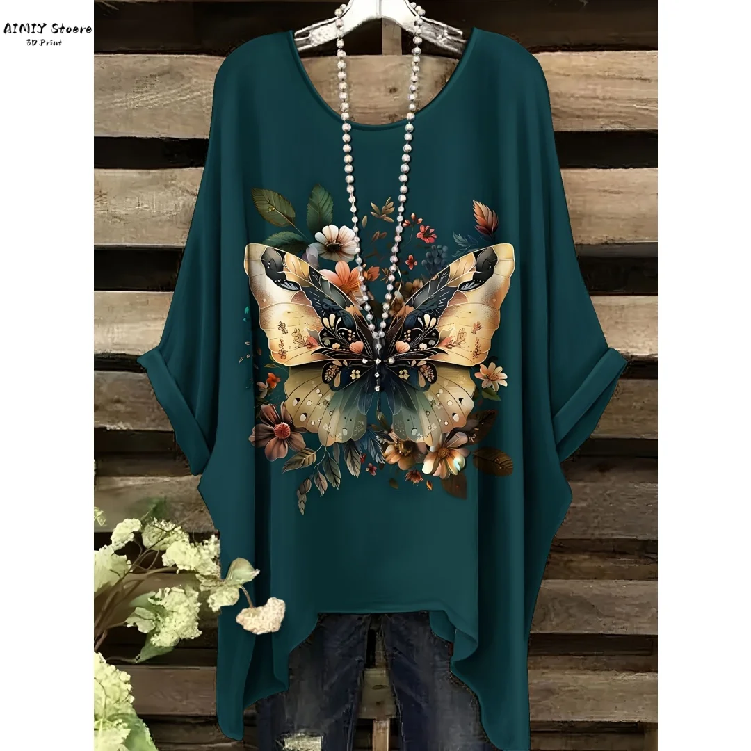 

2025 Elegant Bohemian Women's T-Shirt Floral Butterfly Print Asymmetrical Hem Round Neck Versatile and Machine Washable Summer