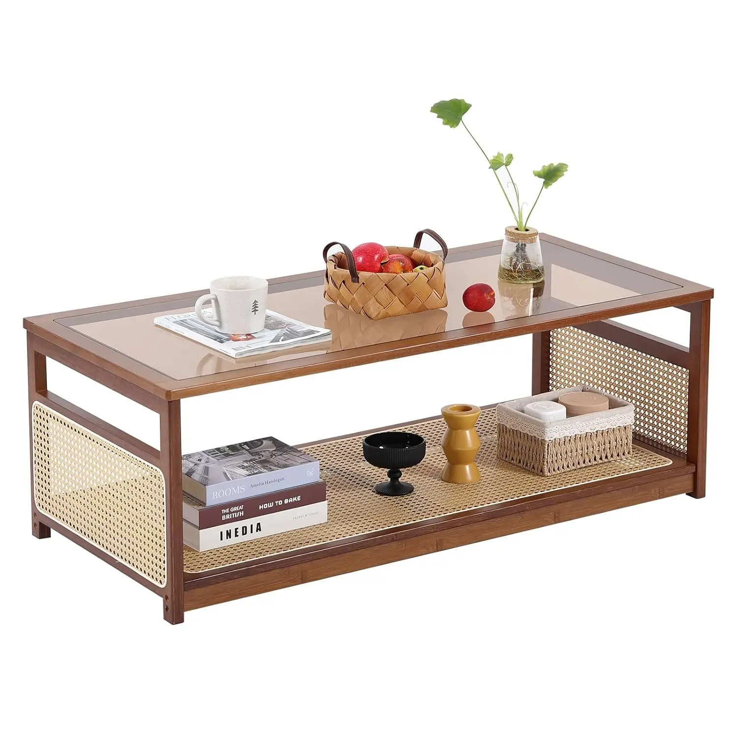 

Coffee Tables for Living Room，Mid Century Modern Storage 2-Tier Coffee Tables，Rattan Glass RectangleTables，Suitable, Customized