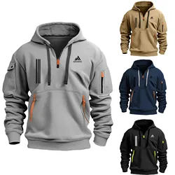 Men's hoodie sweatshirt multi-pocket men's hoodie thickened outdoor half-zip loose pullover fashion jacket