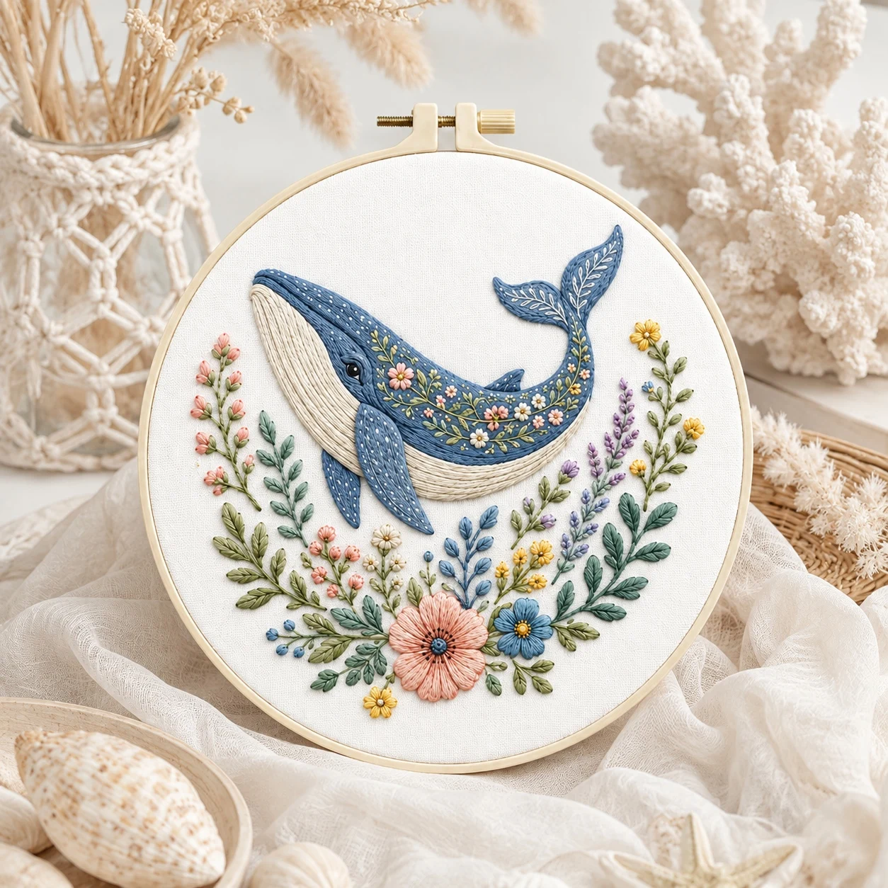 All-in-One DIY Embroidery Kit Whale and Flower Pattern Embroidery Set Creative Craft Kit for Adults & Novices, Home Decor