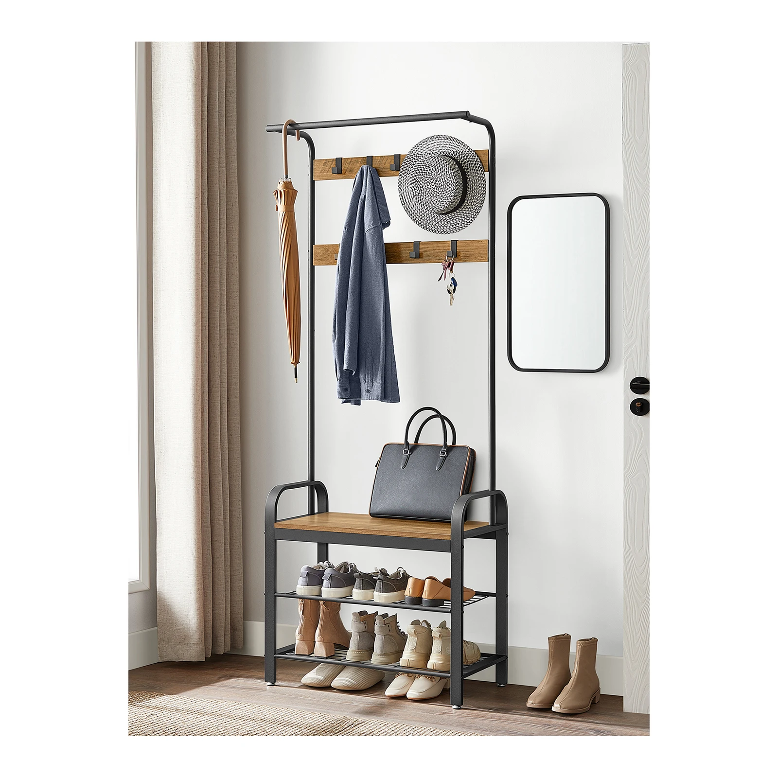 VASAGLE Coat Rack with Shoe Storage Bench, 4-in-1 Design, 9 Hooks, Clothes Rail, Hallway/Entrance, 33.7 x 72 x 183 cm