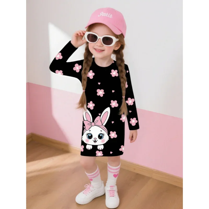 Vêtements pour enfants à la mode, best-seller, robe décontractée à manches longues, lapin de dessin animé mignon et imprimé Floral, nouvelle robe pour filles, 2025