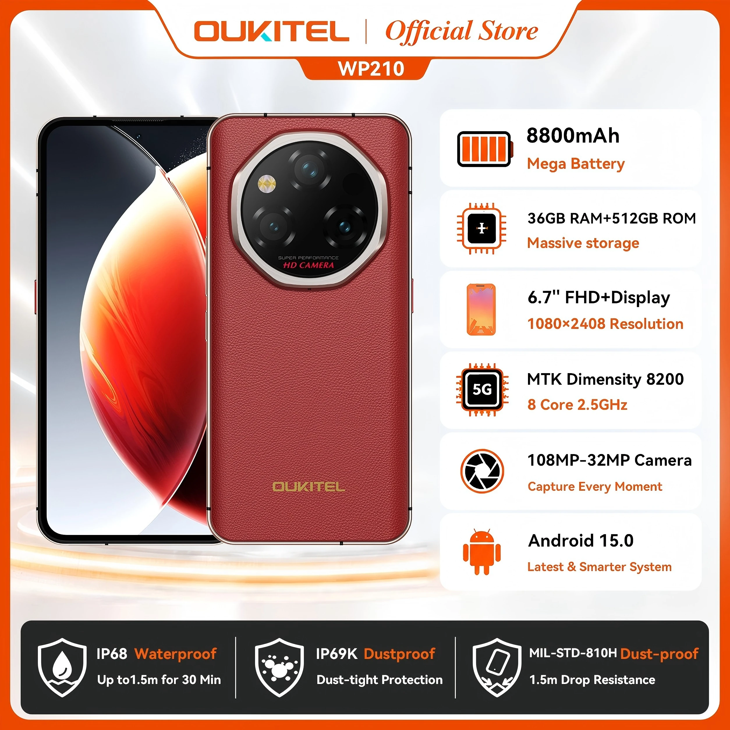 OUKITEL WP210 8800mAh 45W Rugged Phone - MTK 8200, 36GB+512GB, 6.7
