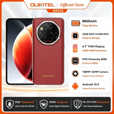 OUKITEL WP210 8800mAh 45W Rugged Phone - MTK 8200, 36GB+512GB, 6.7" FHD+, NFC, 108MP Camera Android15 5G Smartphone