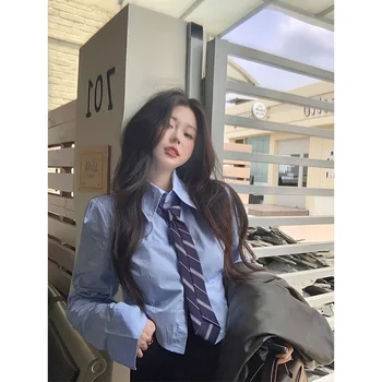 MEXZT Harajuku Kravat Gömlek Kadın Tiki Jk Beyaz Uzun Kollu Kırpma Üstleri Öğrenci Kore Koleji Ince Bluzlar Bahar Sonbahar Yeni