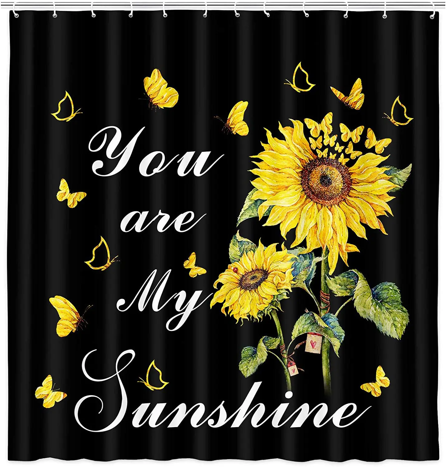 Sunflower Butterfly Shower Curtain You are My Sunshine Inspirational Quotes Fabric with Hooks Yellow Black Bath Curtains