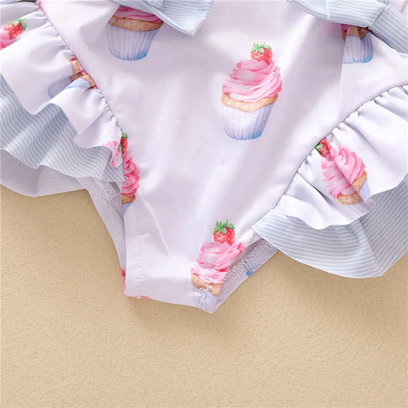 Bañador con volantes a la moda para niña, traje de baño con estampado de pastel con lazo bonito, traje de baño con tirantes sin espalda