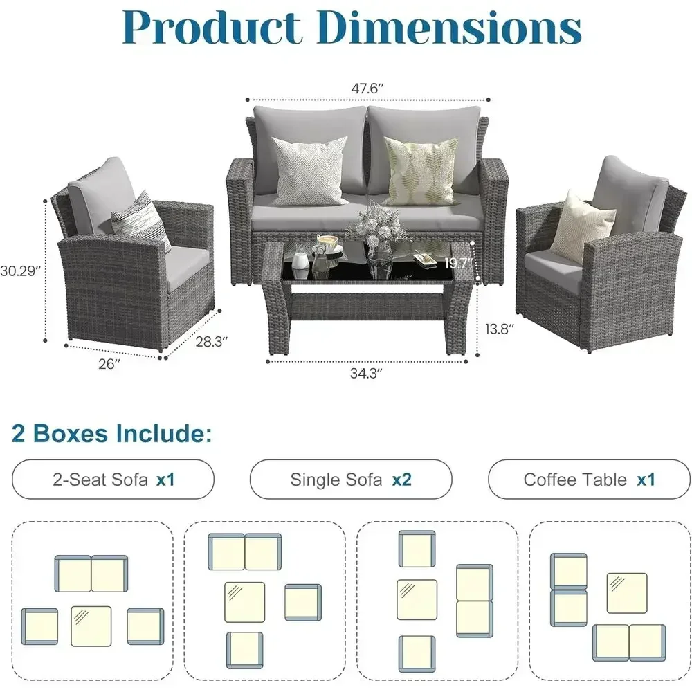 Gray Outdoor Patio Sectional Sofa Set with Tempered Glass Coffee Table and Cushions