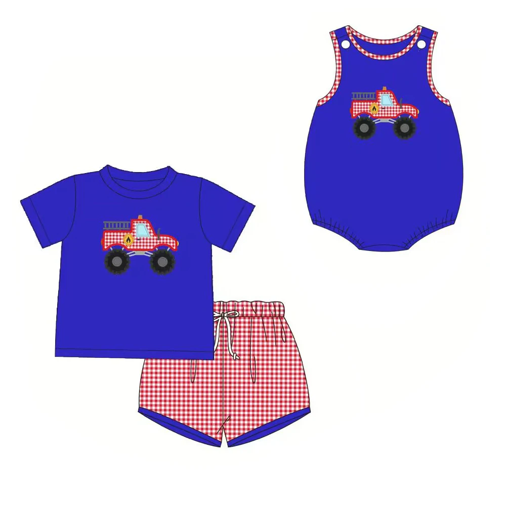 

new style baby boy clothes kids clothes sets boys fire truck short sleeve shorts set newborn baby romper jumpsuit wholesale