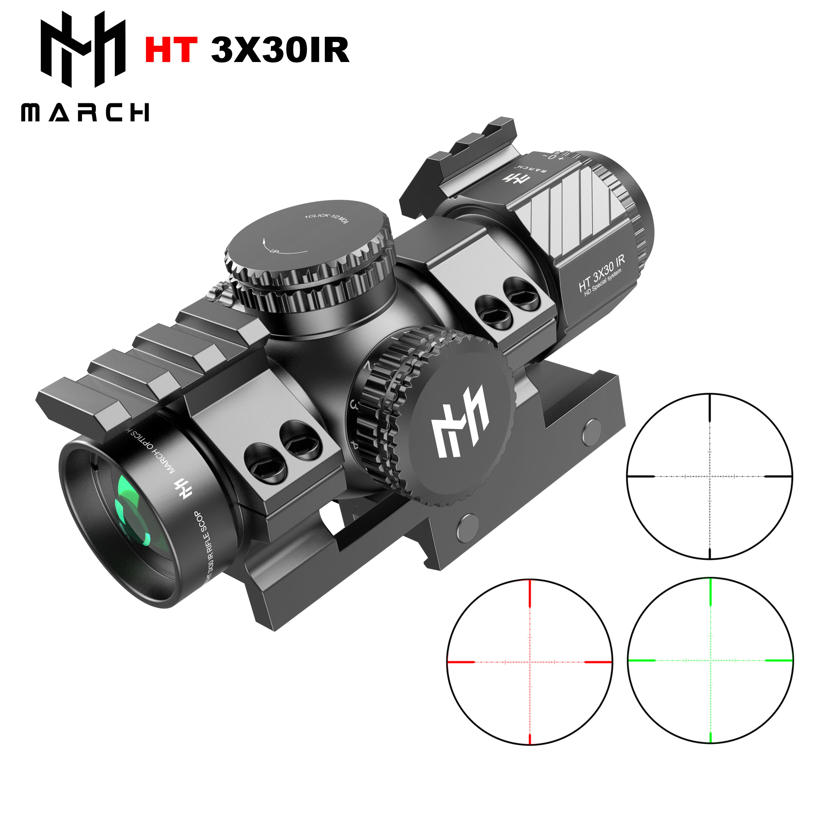 MARCH HT 3X30 IR Tactical Riflescope With Picatinny Fishbone Compact Scope for Hunting Red Green Illuminated Airsoft Lunettes