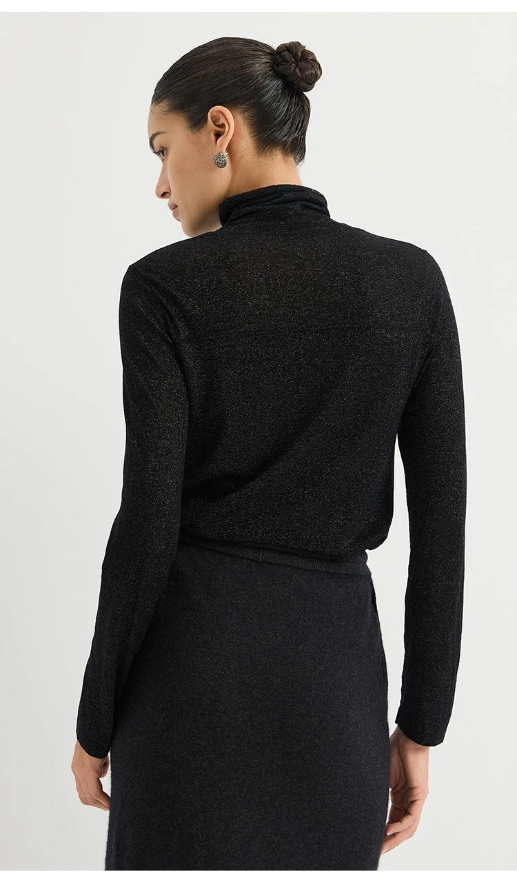 BY3621699 Damen-Pullover mit Rollkragen, Lurex-Strick, Wollmischung, Langarm, Brustnaht mit metallischem Glanz, dezenter Luxus für den Herbst – Detail 6