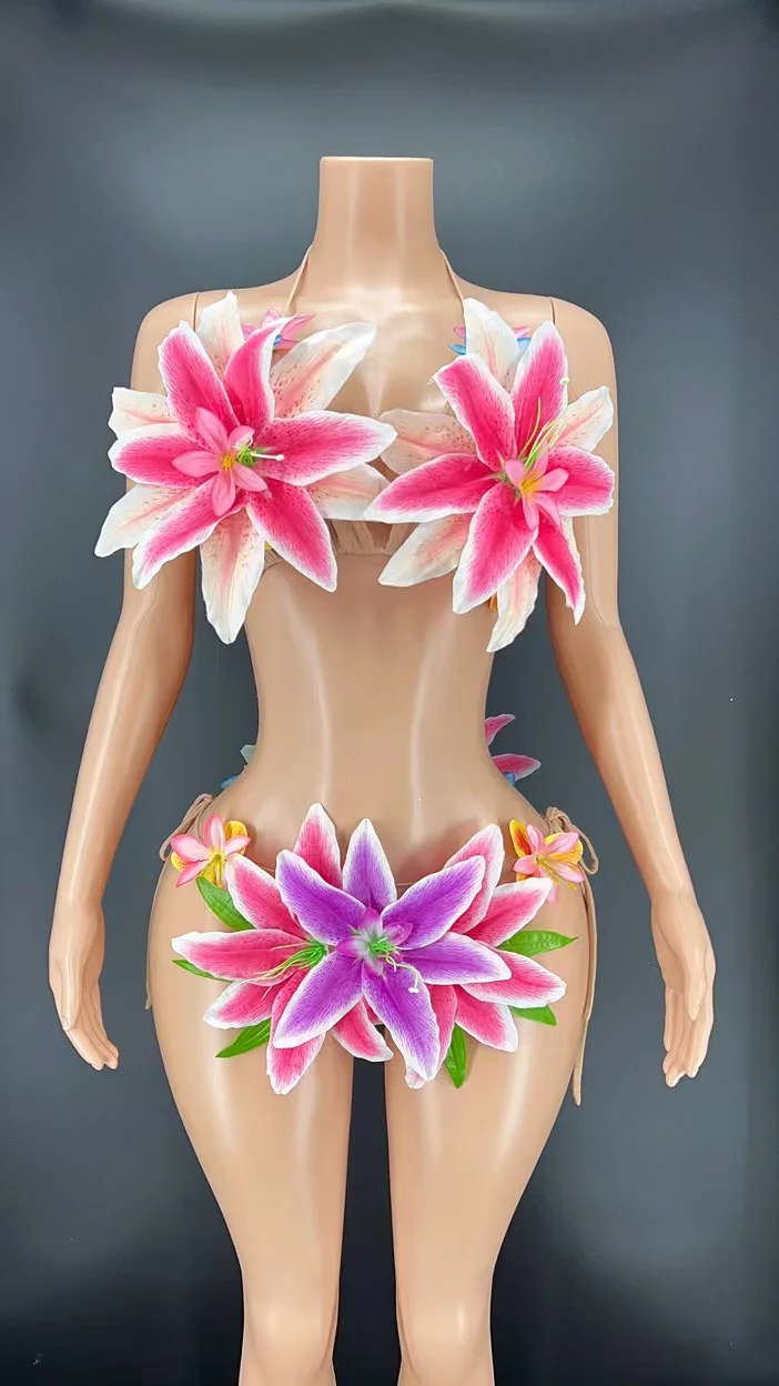 Sexy Flowers Bikini Set Bra Brief Two Pieces Women Party Nightclub Outfit Peformance Dance Costume Show Stage Wear