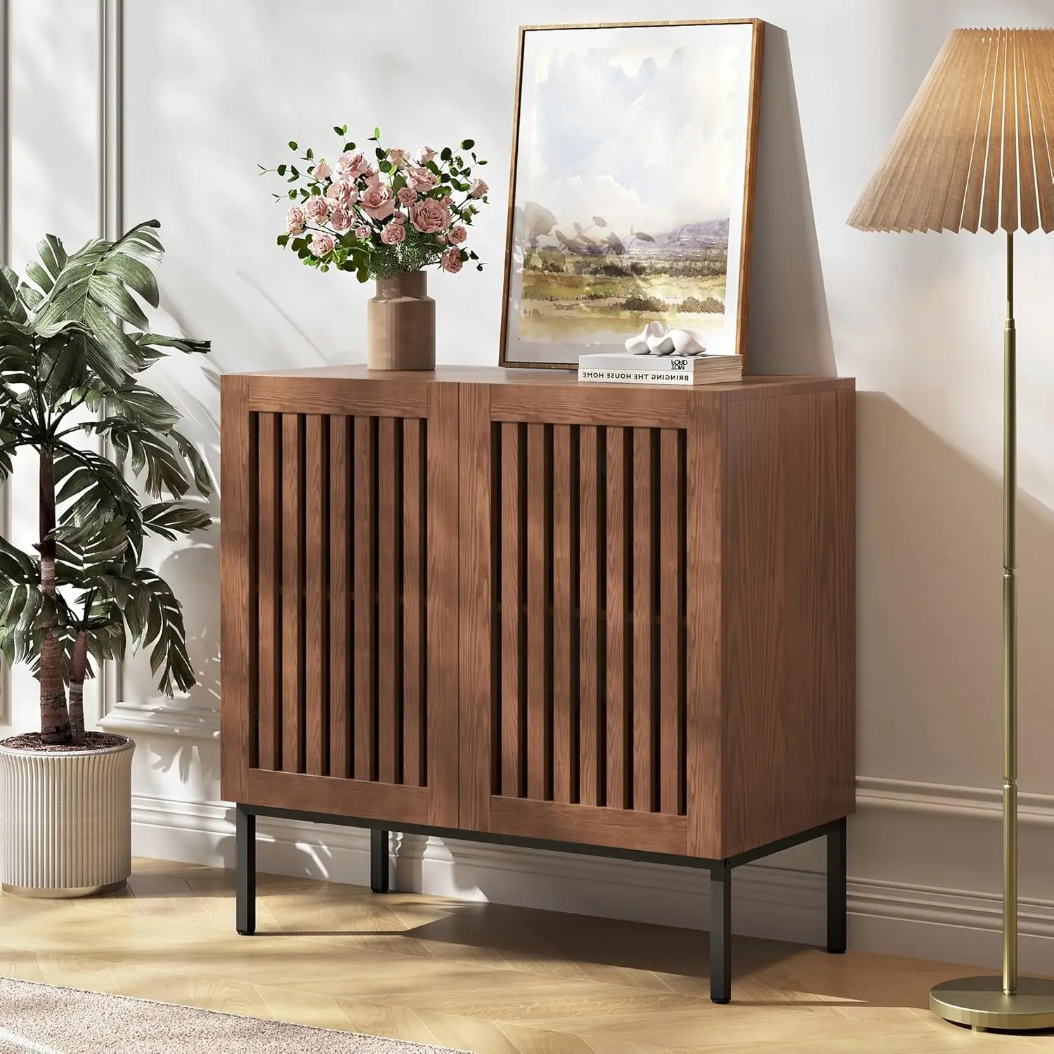 

Modern Storage Cabinet with Slatted Doors,Sideboard Buffet Cabinet with Adjustable Shelf and Metal Legs for Kitchen,Dining Room,