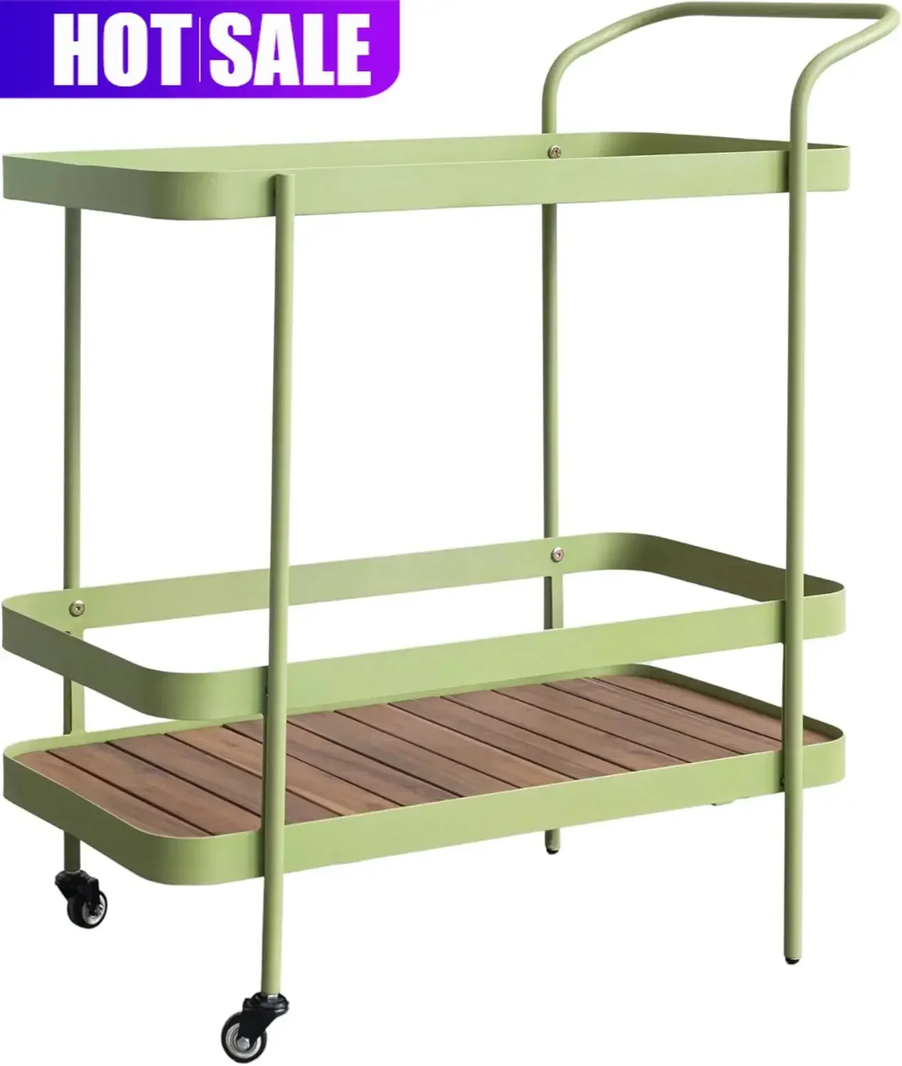 Green Natural Metal Acacia Wood Two Tier Bar Cart On Casters Wheels Indoor Outdoor