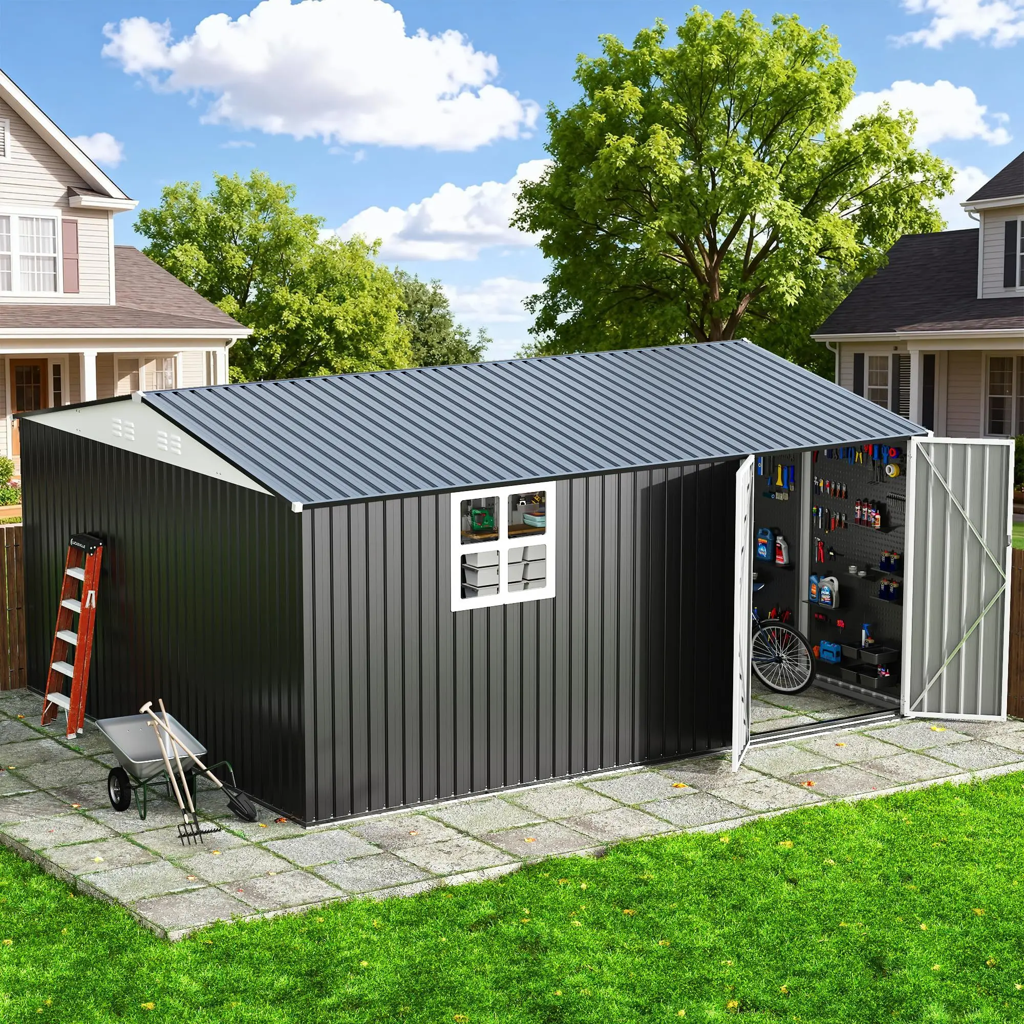 

VIWAT 12X14 FT Outdoor Storage Shed with Windows, Metal Garden Shed with Updated Lockable Doors and Frame Structure, Large Tool Sheds for Backyard Garden Patio Lawn,Black