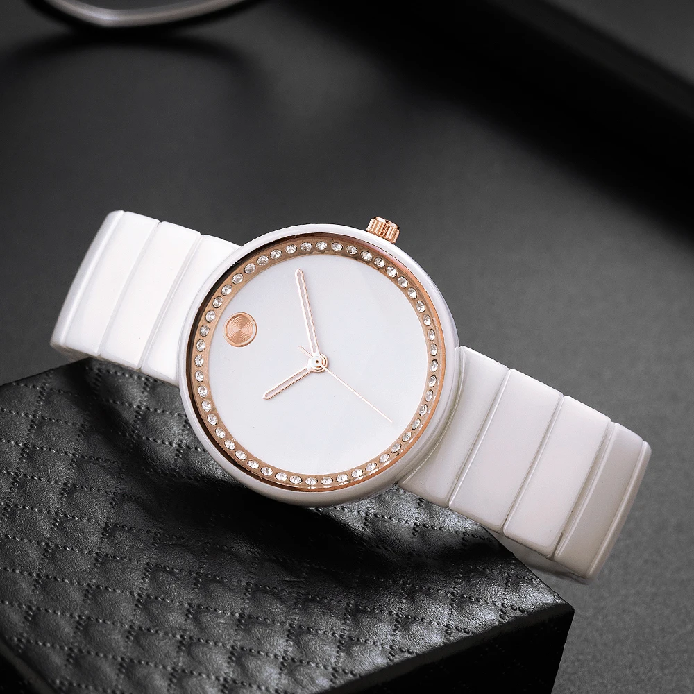 MISSFOX High Quality White Ceramic Rhinestone Rose Gold Quartz Watch With A Simple Dial And Waterproof Design For Women Gift