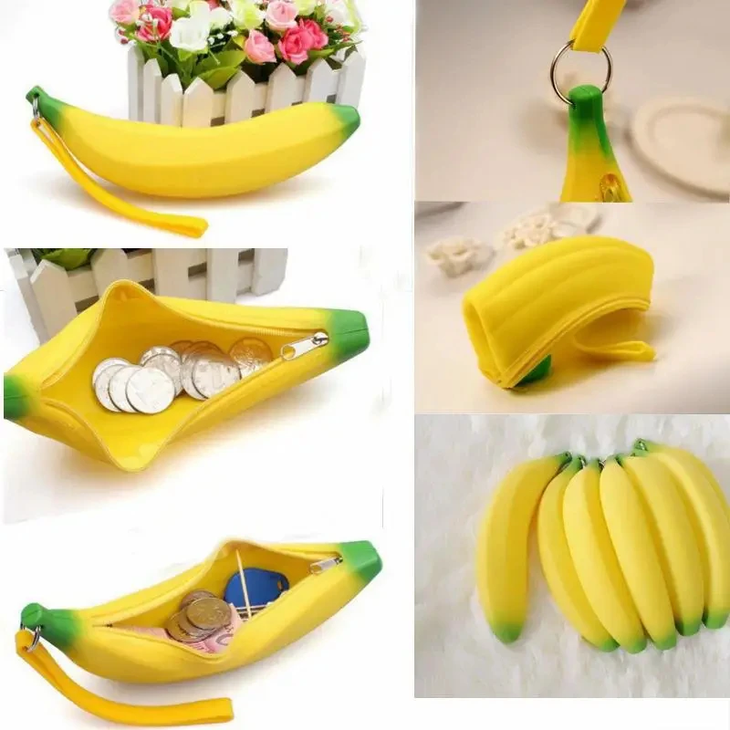 Novelty Silicone Portable Yellow Banana Coin Purse Multifunctional Pencil Case Wallet Key Bag Pouch