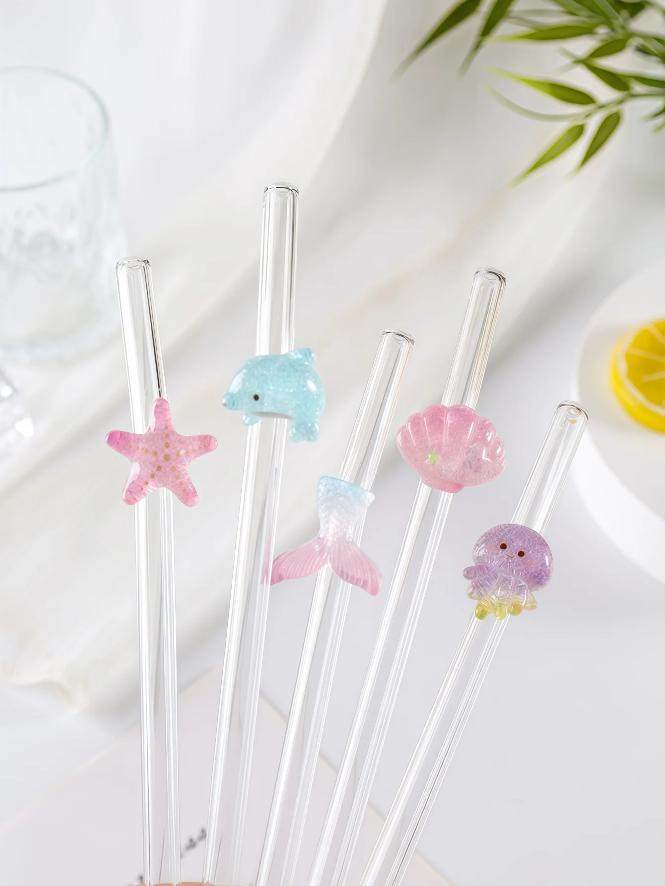 1/6PCS Ocean-Themed Glass Straws, Reusable, Curved, Easy-Clean. Perfect for Parties, Gifts, Summer Drinks.