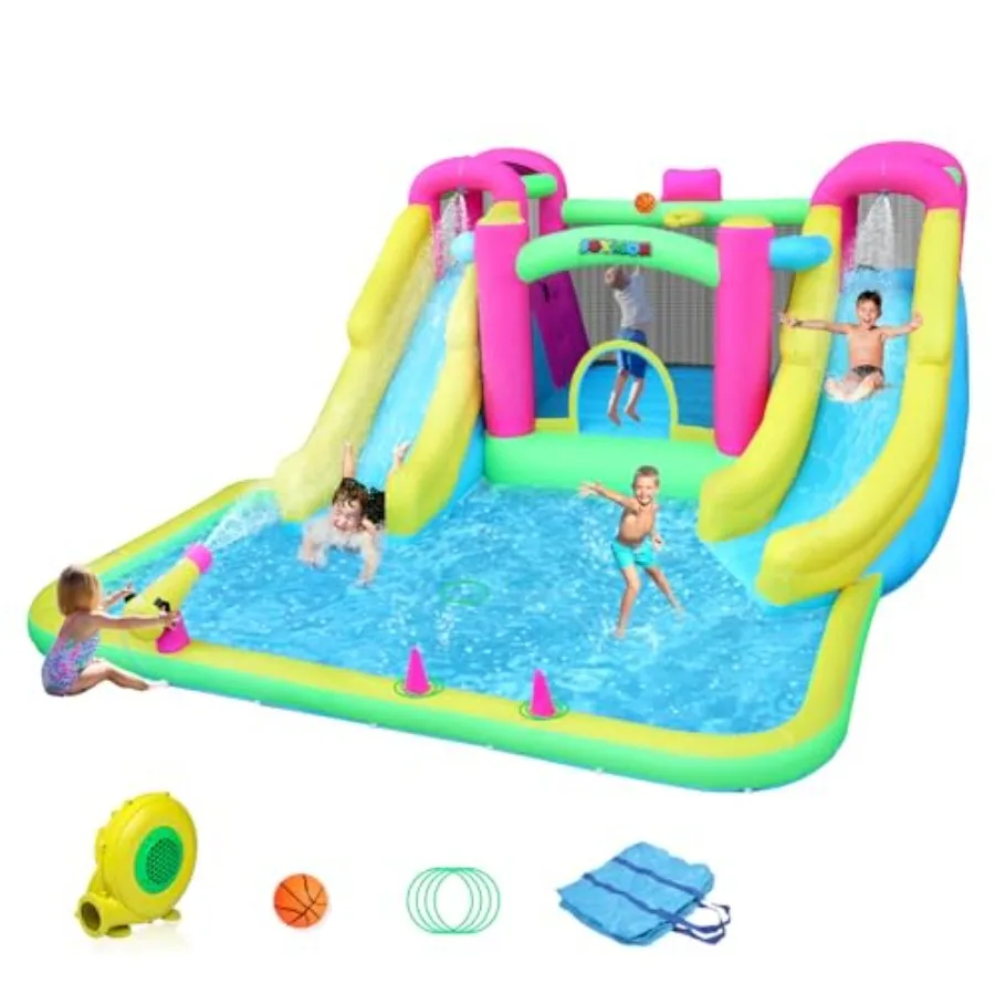 Backyard inflatable water slide bounce house with dual slides climbing walls ring-toss large pool; PVC material blue and yellow