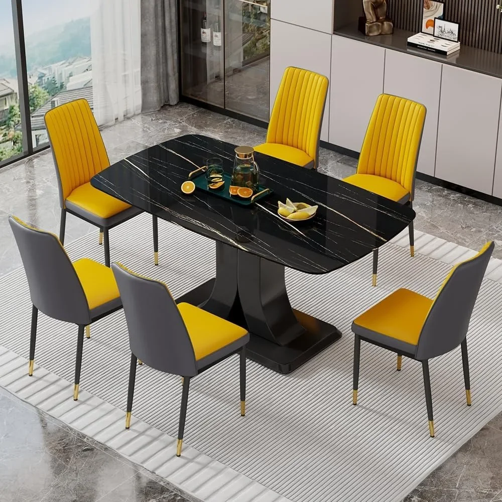 

Dining Table Set, Marble Kitchen Tables Chair Set for 6, Tables with 6 Pu Leather Upholstered Chairs, Dining Table Set