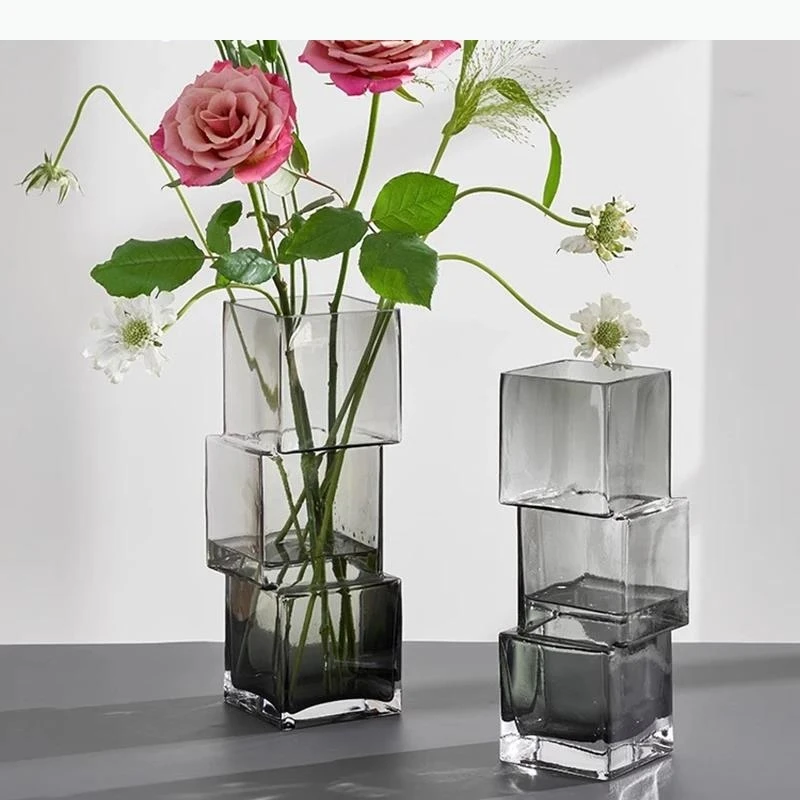 Square Vase Glass Vase Transparent Hydroponic Vases Dining Table Flower Ware Ornament Home Aesthetic Decoration