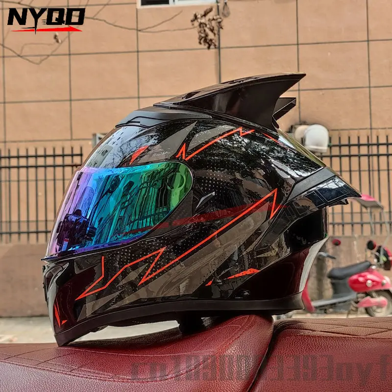 Orz Motorcycle  Full Face Helmet Dual Lens Racing Helmet Personality Horns Modular Flip Up Helmets DOT Approved