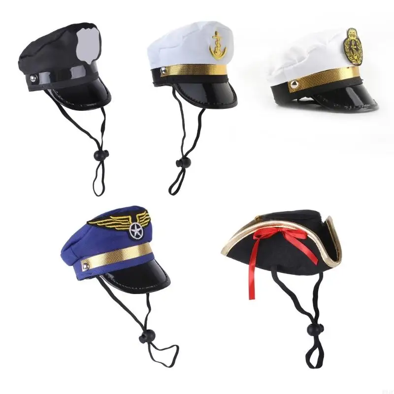 R9JF Cosplay Captain Halloween Mischievous Dog Costume Hat Festival Animal Hat