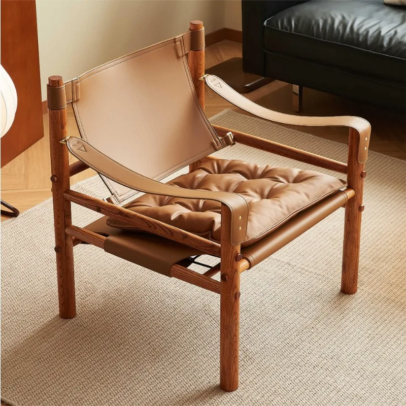 الشمال الرجعية خشب متين كرسي أريكة واحد غرفة المعيشة شرفة السرج الجلود مصمم الرماد الخشب كرسي من الجلد البني #5